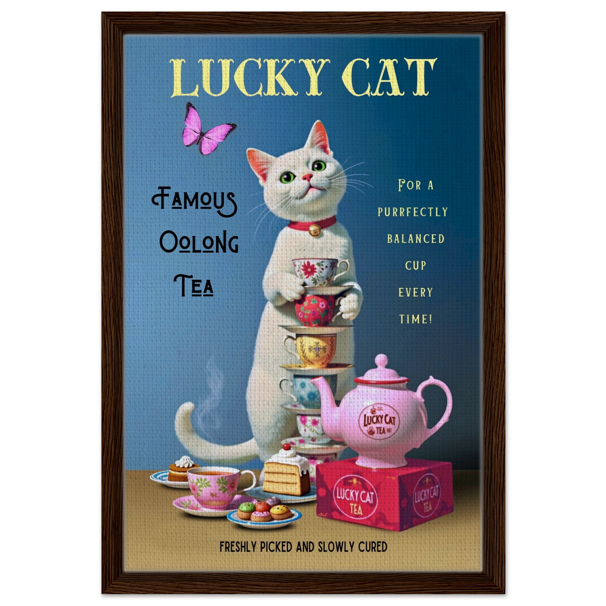 White Lucky Cat Tea Vintage Fine Art Print Dark Brown Wood Frame 40x60 cm 16x24″ Framed Canvas