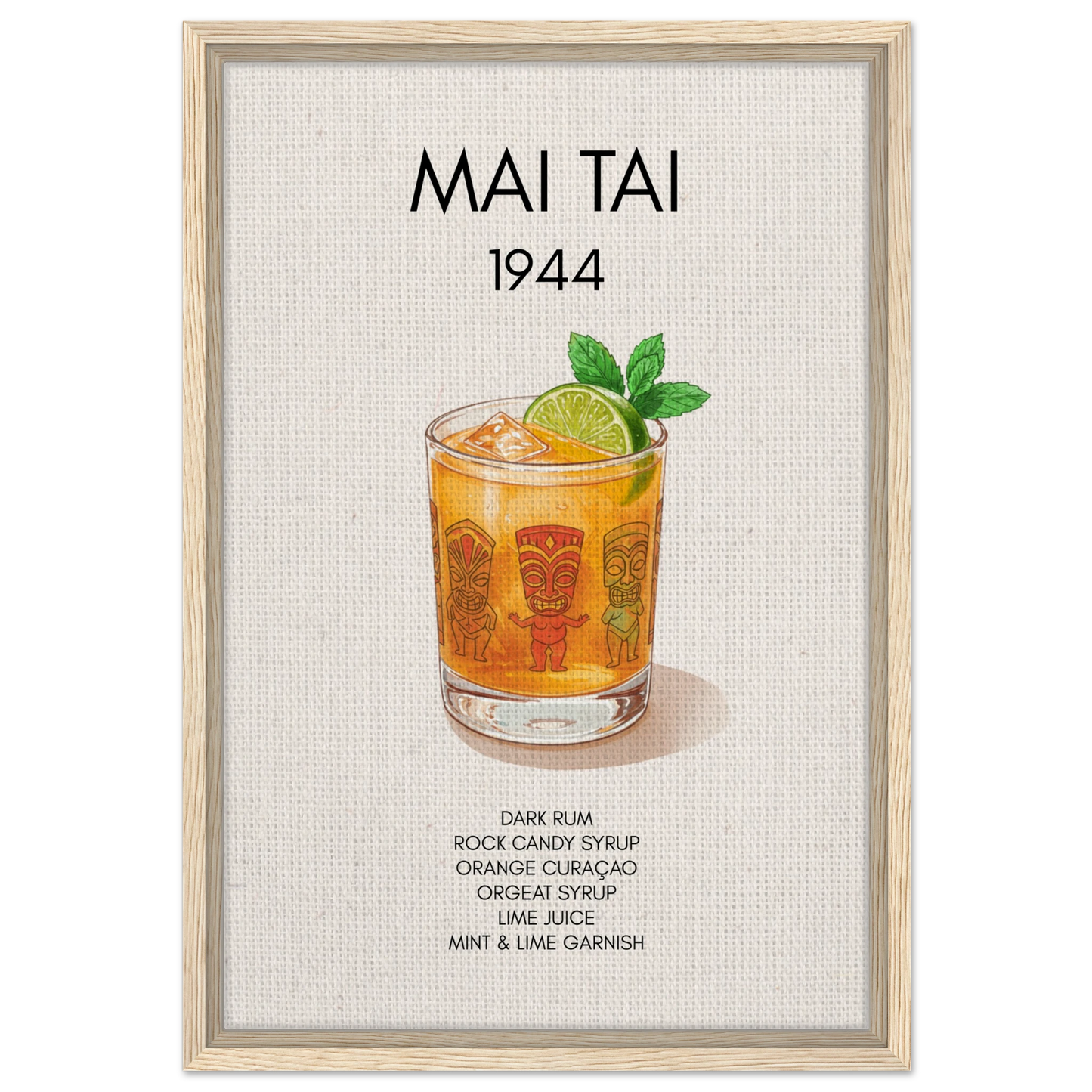 Mai Tai Tropical Cocktail Bar Poster Print Light Wood Frame 40x60 cm 16x24″ Framed Canvas