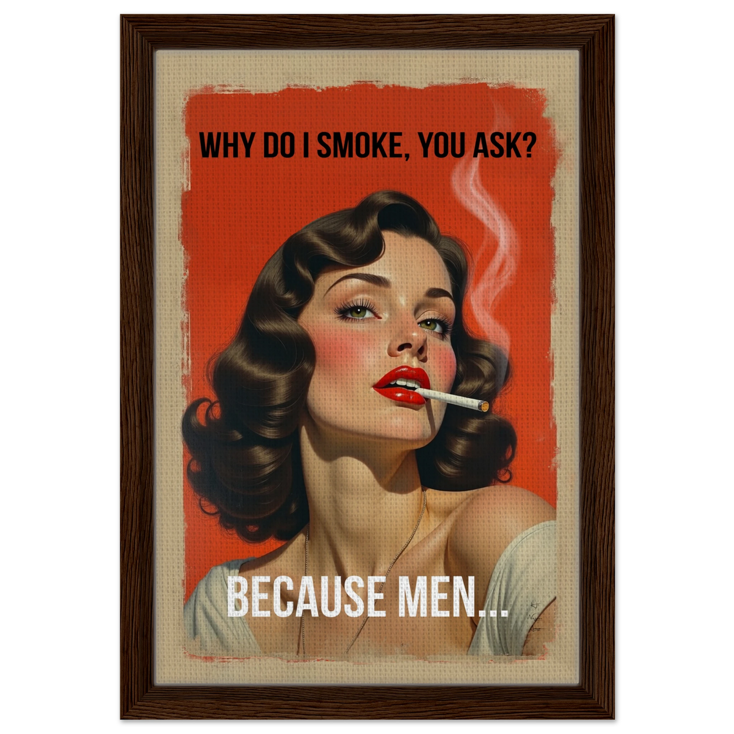 Retro Smoking Pin-Up Girl Art Print Dark Brown Wood Frame 30x45 cm 12x18″ Framed Canvas
