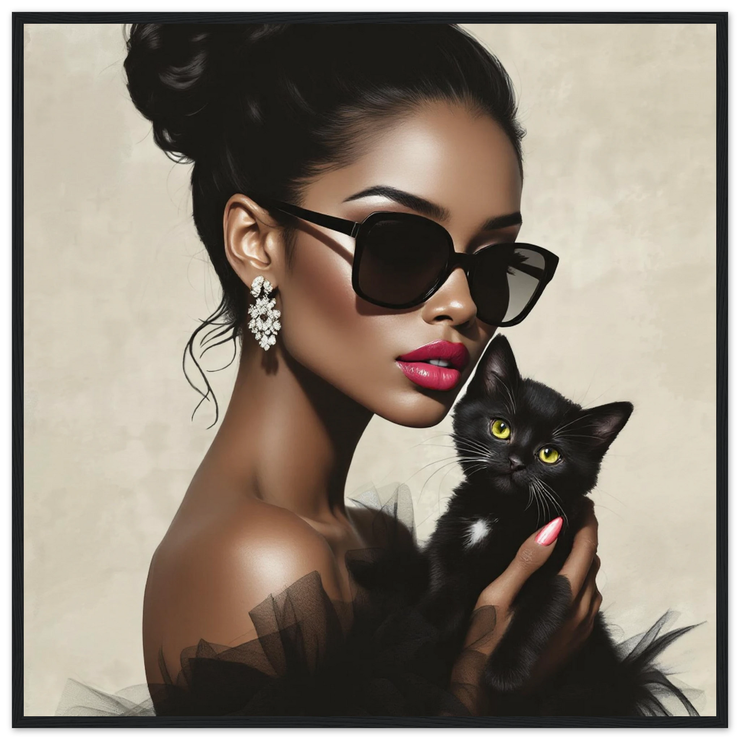 Retro Glam Fashion Model Kitten Art Print Museum-Quality Matte Paper Wooden Framed Poster 70x70 cm 28x28″