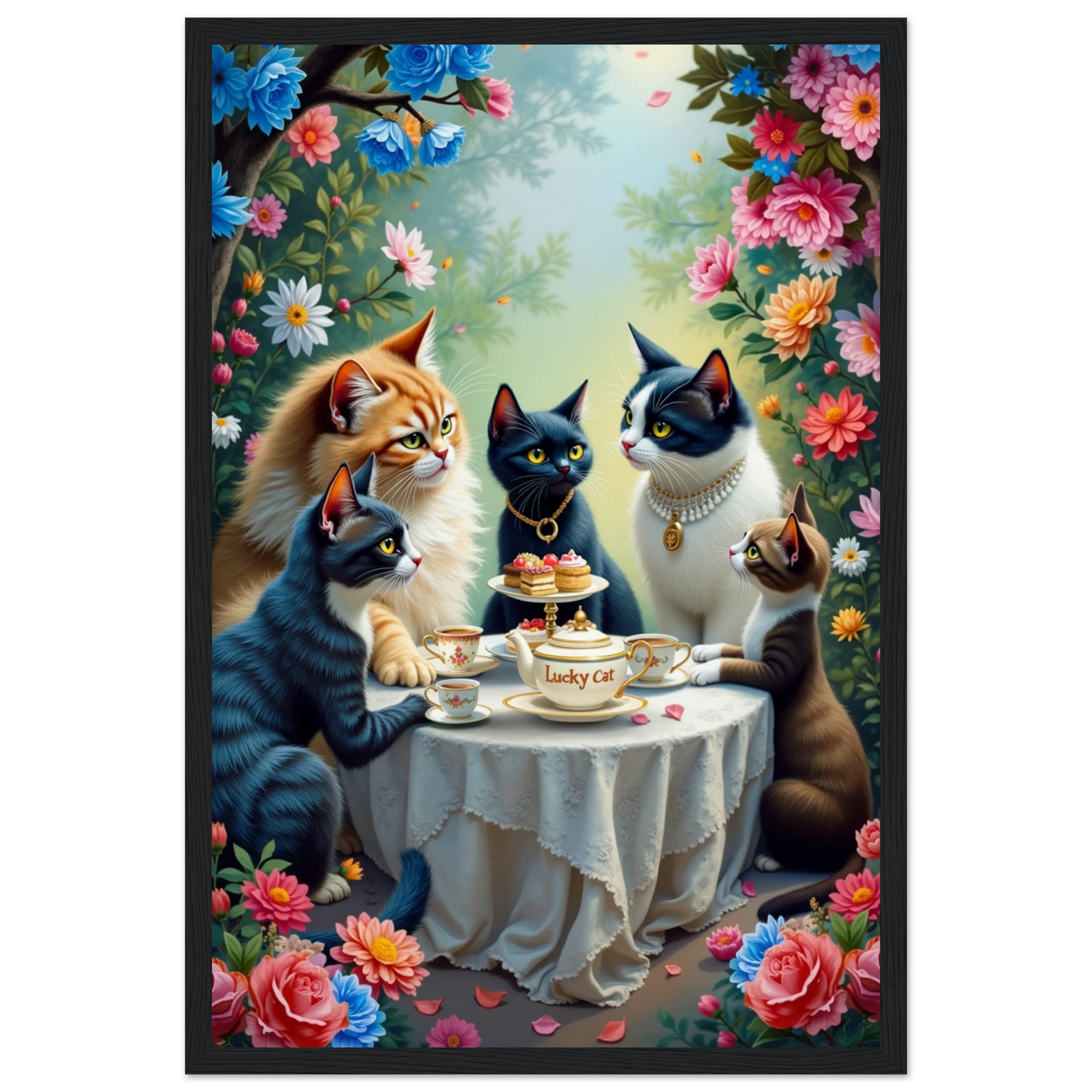 Lucky Cat Tea Party Botanical Art Print 30x45 cm 12x18″ Framed Canvas Light Wood Frame