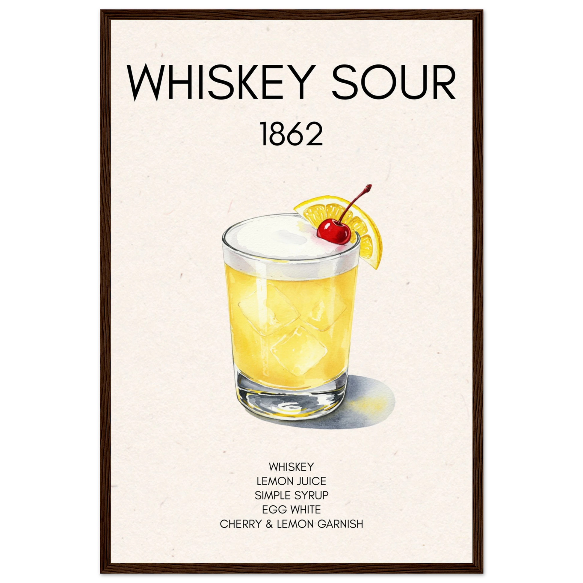 Whiskey Sour Cocktail Bar Art Print Dark Brown Wood Frame 40x60 cm 16x24″ Premium Matte Paper Wooden Framed Poster