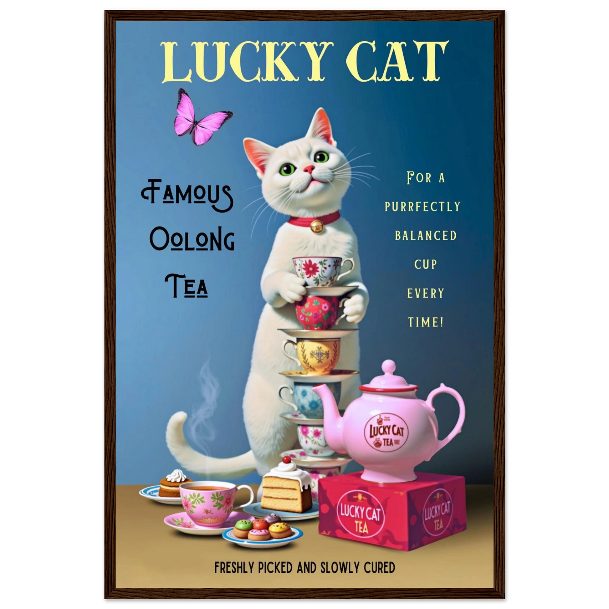White Lucky Cat Tea Vintage Fine Art Print Dark Brown Wood Frame 40x60 cm 16x24″ Premium Matte Paper Wooden Framed Poster