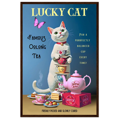 White Lucky Cat Tea Vintage Fine Art Print Dark Brown Wood Frame 40x60 cm 16x24″ Premium Matte Paper Wooden Framed Poster
