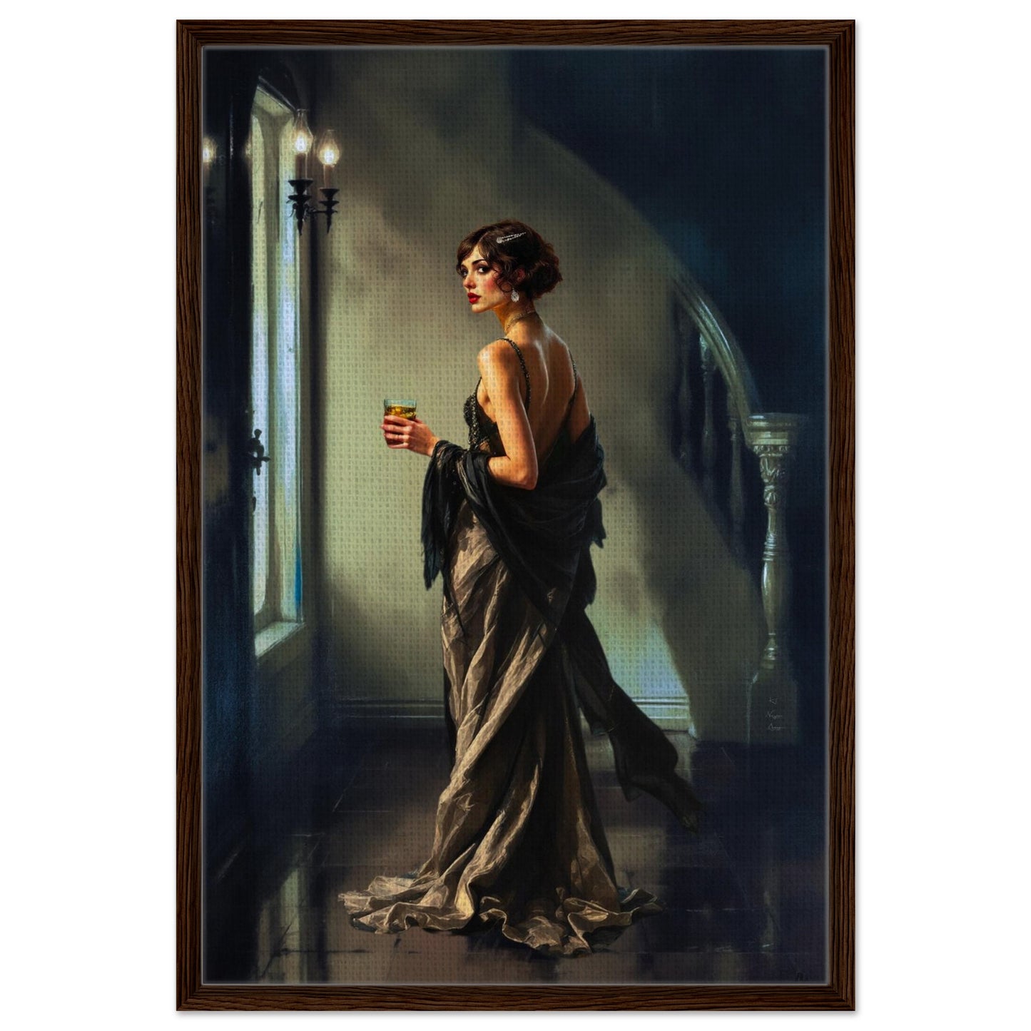 Art Deco Flapper Speakeasy Fine Art Print Dark Brown Wood Frame 60x90 cm 24x36″ Framed Canvas
