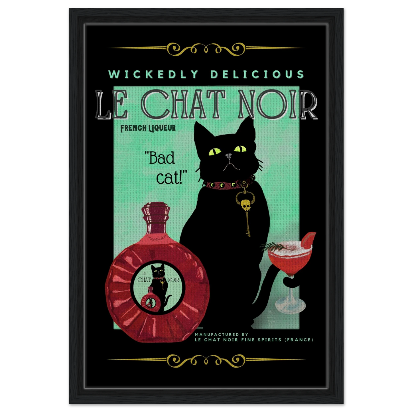 Black Cat Cocktail French Art Deco Print 40x60 cm 16x24″ Framed Canvas Black Wood frame