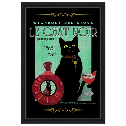 Black Cat Cocktail French Art Deco Print 40x60 cm 16x24″ Framed Canvas Black Wood frame