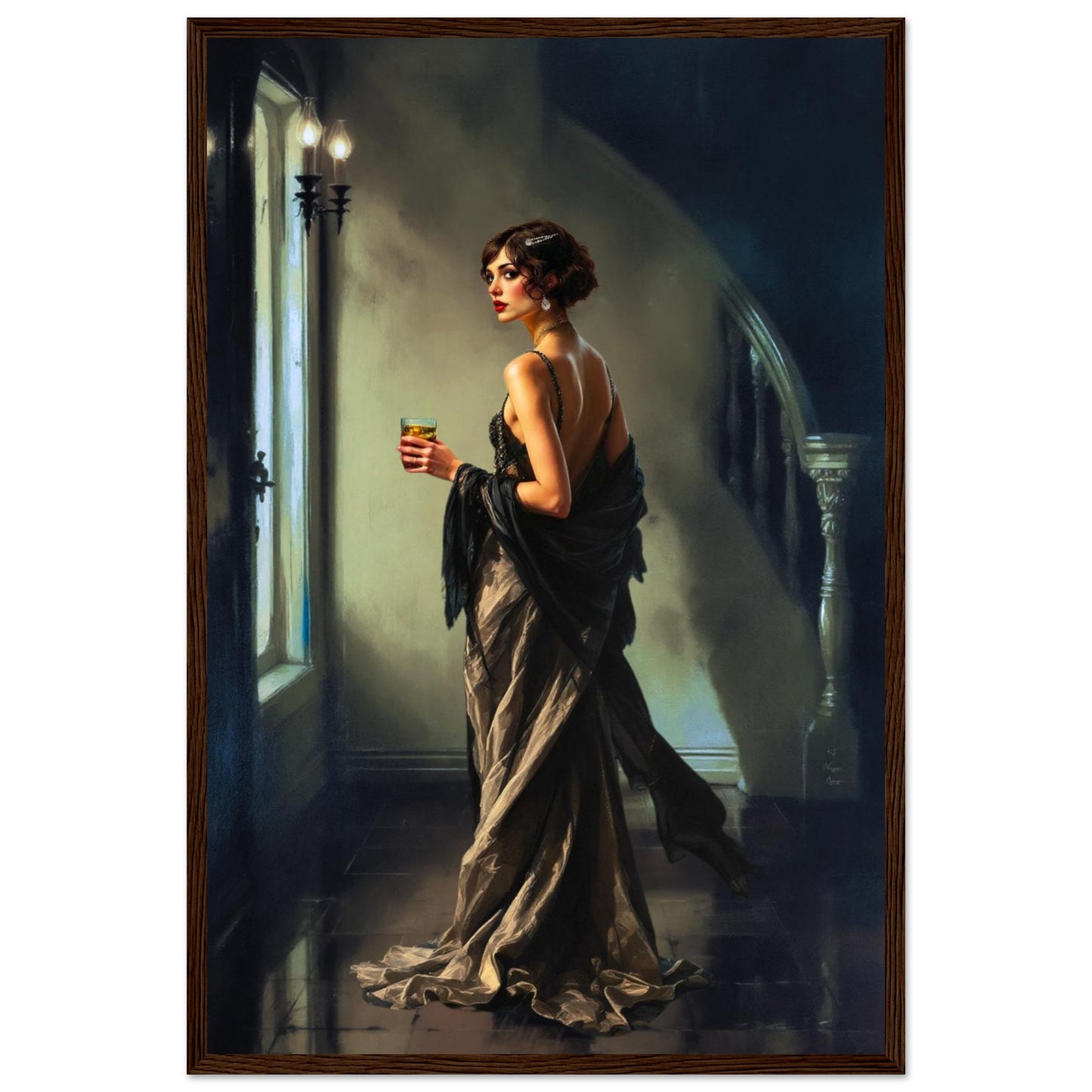 Art Deco Flapper Speakeasy Fine Art Print Dark Brown Wood Frame 40x60 cm 16x24″ Premium Matte Framed Poster