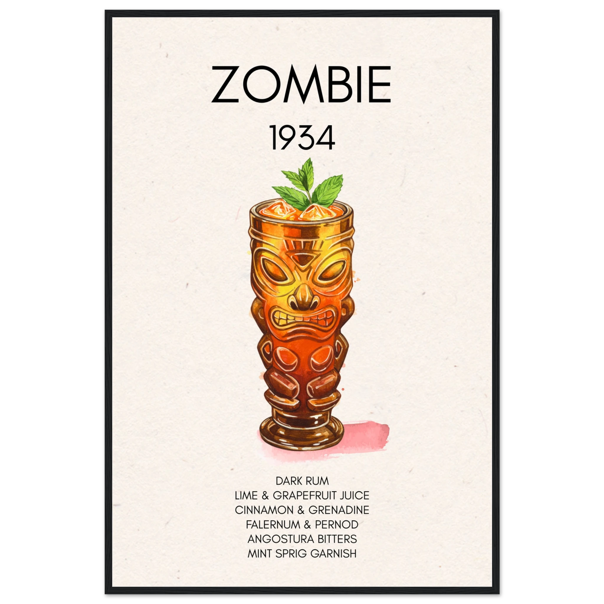 Zombie Tiki Cocktail Bar Art Print Black Wood Frame 60x90 cm 24x36″ Classic Matte Paper Wooden Framed Poster