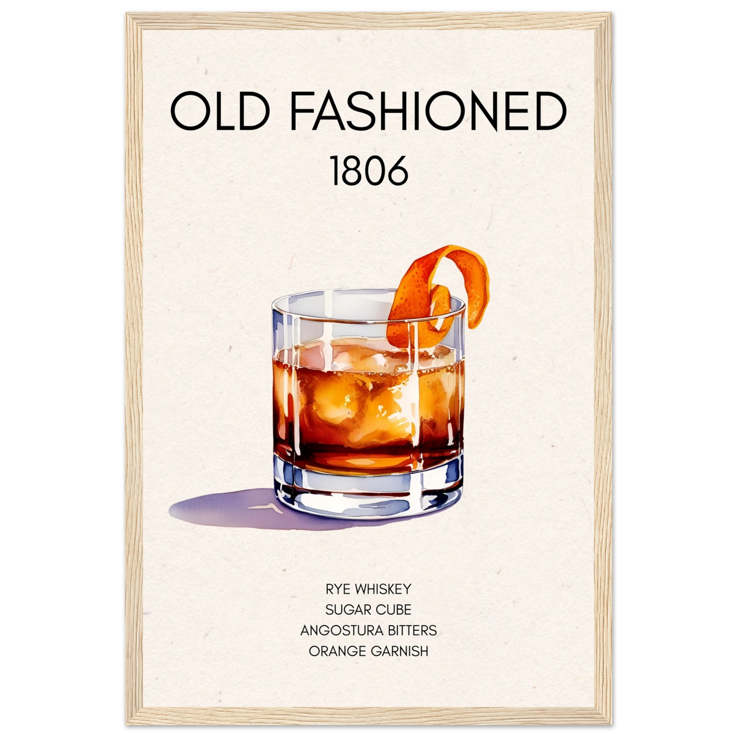Classic Old Fashioned Cocktail Bar Poster Print Light Wood Frame 30x45 cm 12x18″ Classic Matte Paper Wooden Framed Poster