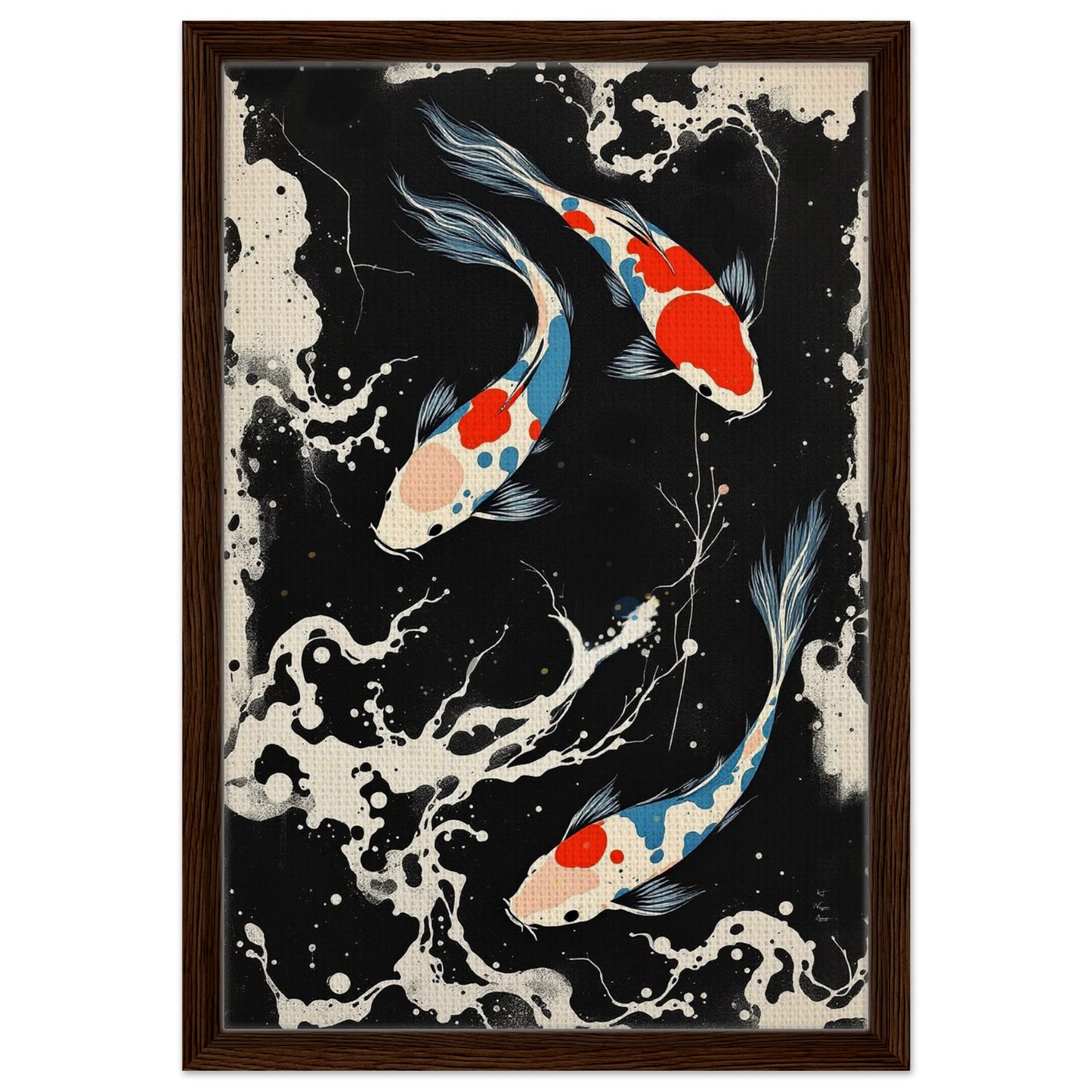Modern Black White Koi Fish Ocean Art Print 40x60 cm 16x24″ Framed Canvas Dark Brown Wood Frame