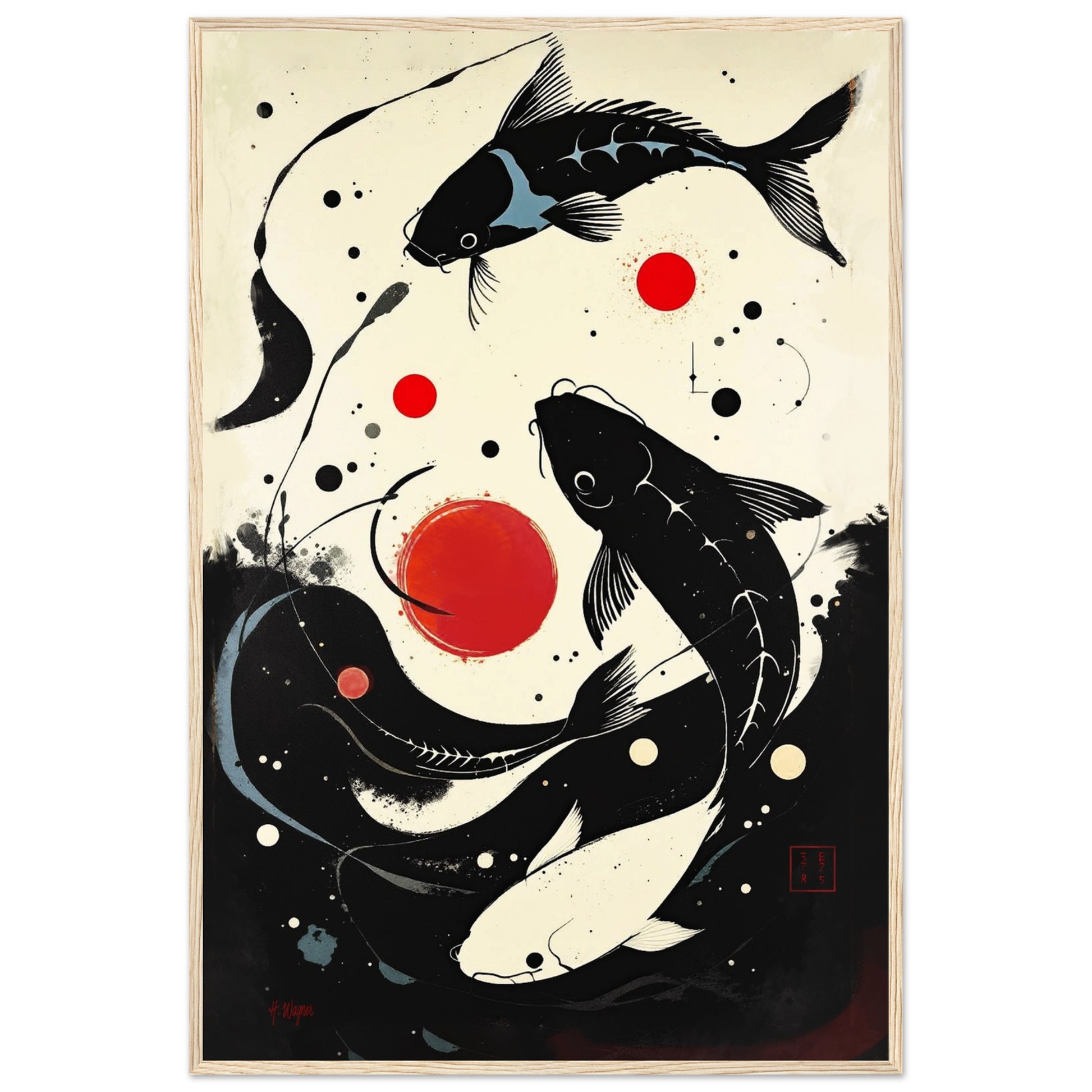 Mid-Century Modern Koi Fish Art Poster Print – Framed Abstract Black White Wall Décor 60x90 cm 24x36″ Classic Matte Framed Poster Light Wood Frame