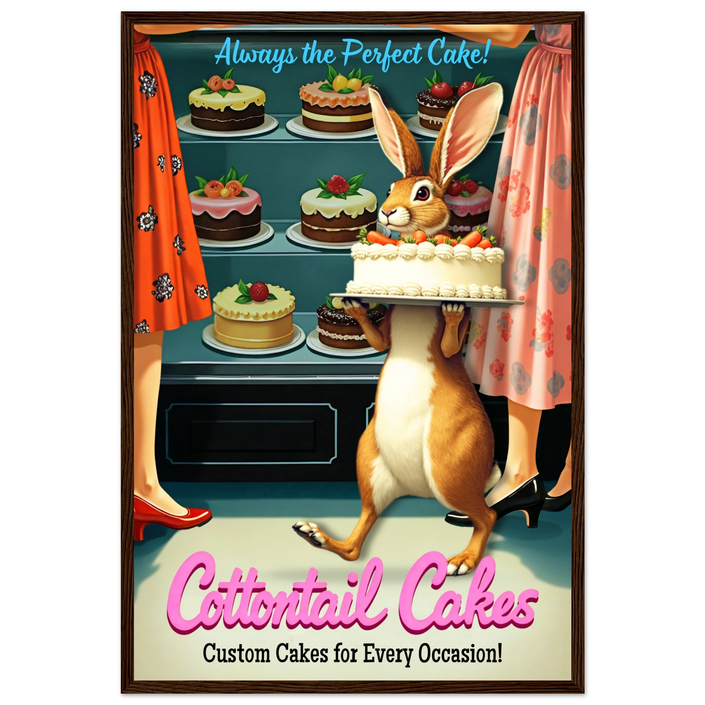 Cottontail Rabbit Bakery 1950s Kitchen Print Dark Brown Wood Frame 40x60 cm 16x24″ Premium Matte Framed Poster