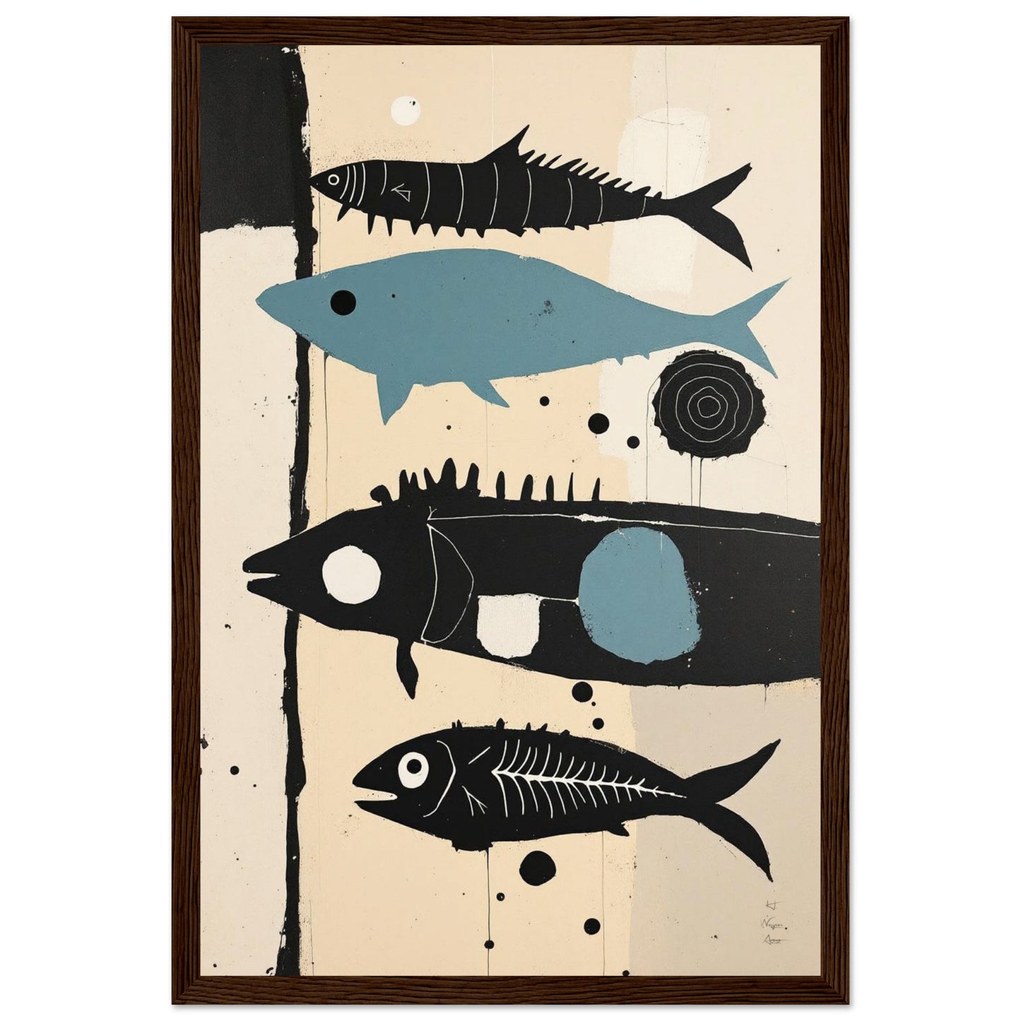 Mid-Century Modern Fish Art Poster Print – Framed Abstract Neutral Wall Decor Black Wood Frame 40x60 cm 16x24″ Framed Canvas