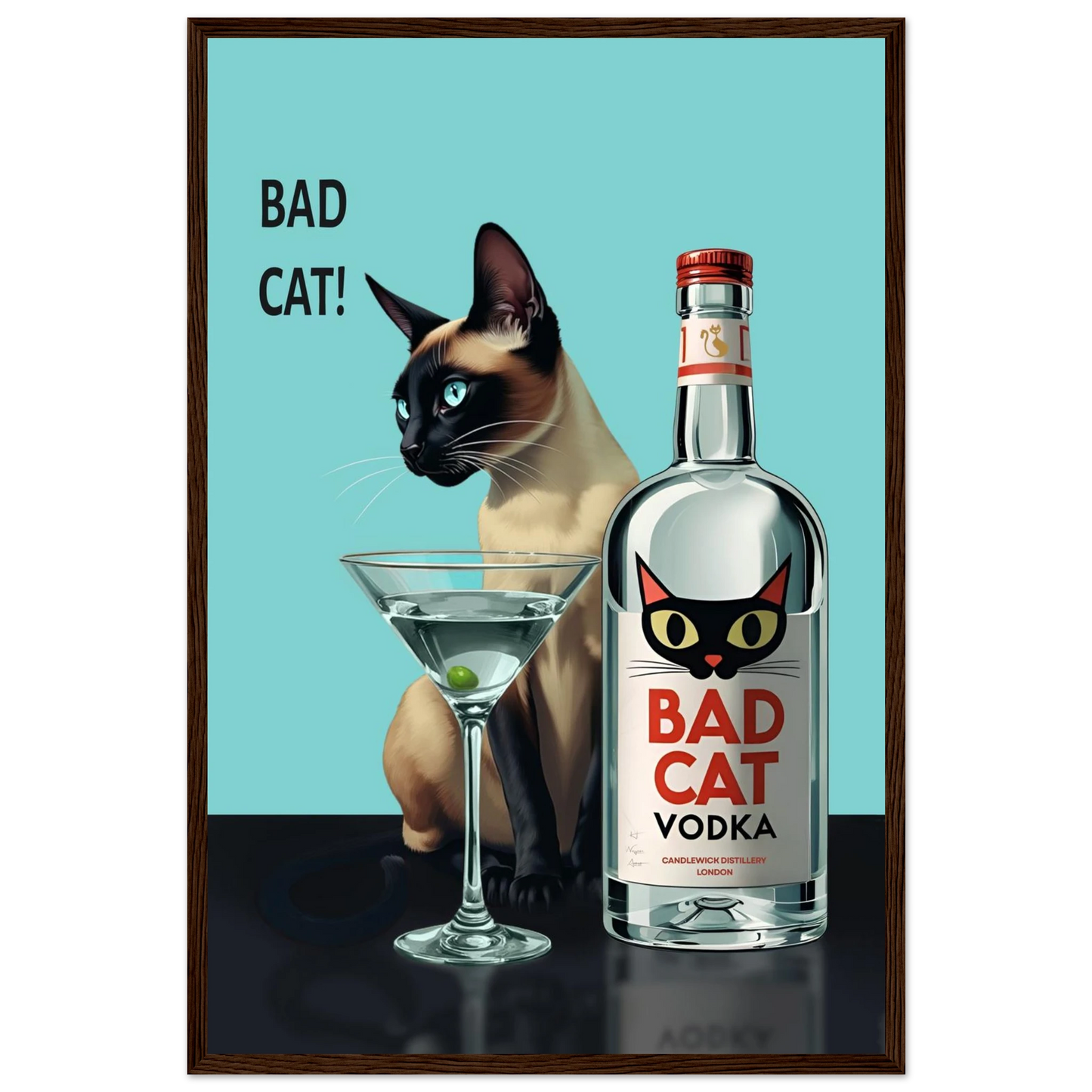 Siamese Cat Retro Martini Cocktail Bar Art Print Dark Brown Wood Frame 40x60 cm 16x24″ Premium Matte Paper Wooden Framed Poster