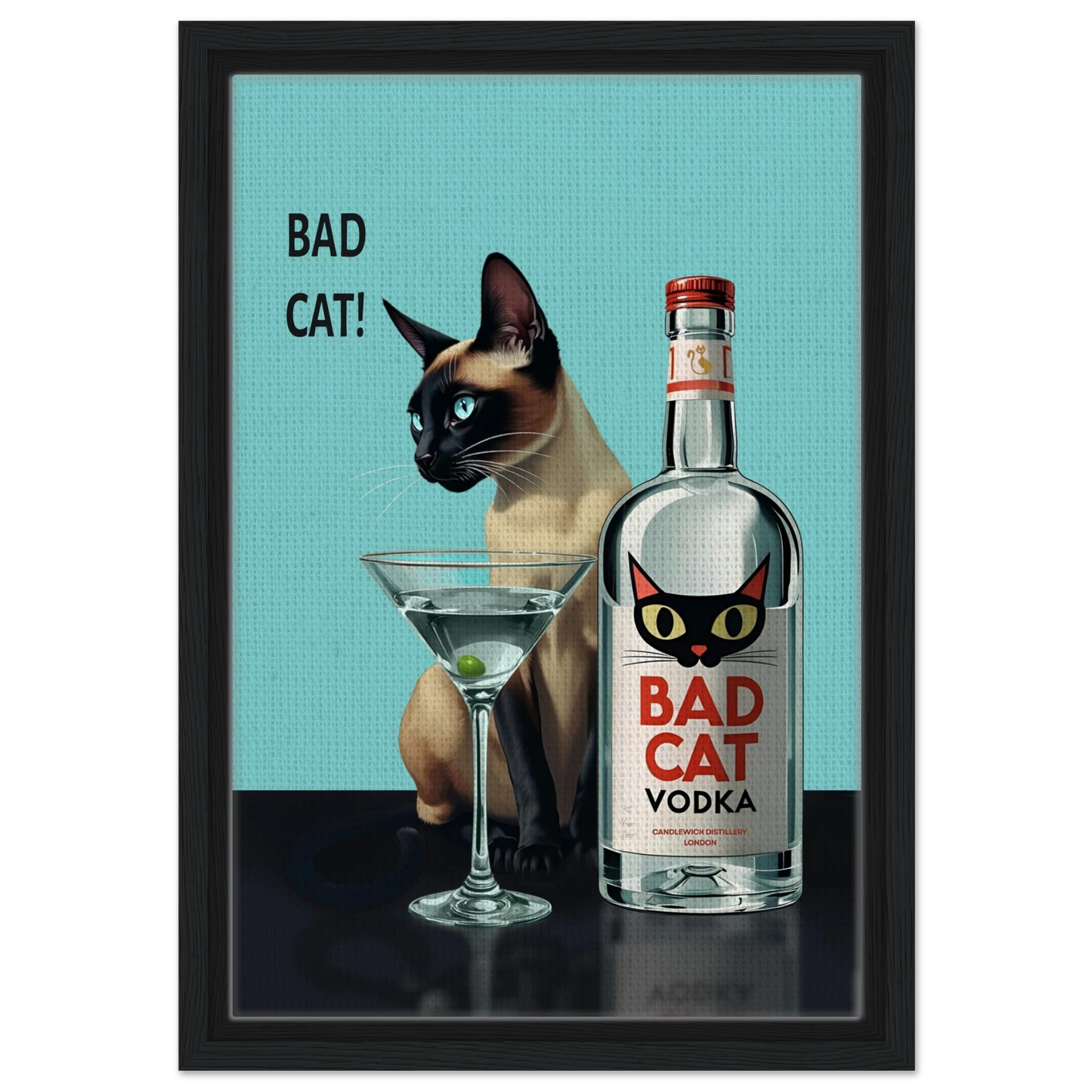 Siamese Cat Retro Martini Cocktail Bar Art Print Black Wood Frame 30x45 cm 12x18″ Framed Canvas