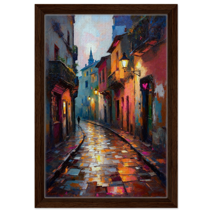 Old Europe Romantic Street Art Print 30x45 cm 12x18″ Framed Canvas Dark Brown Wood