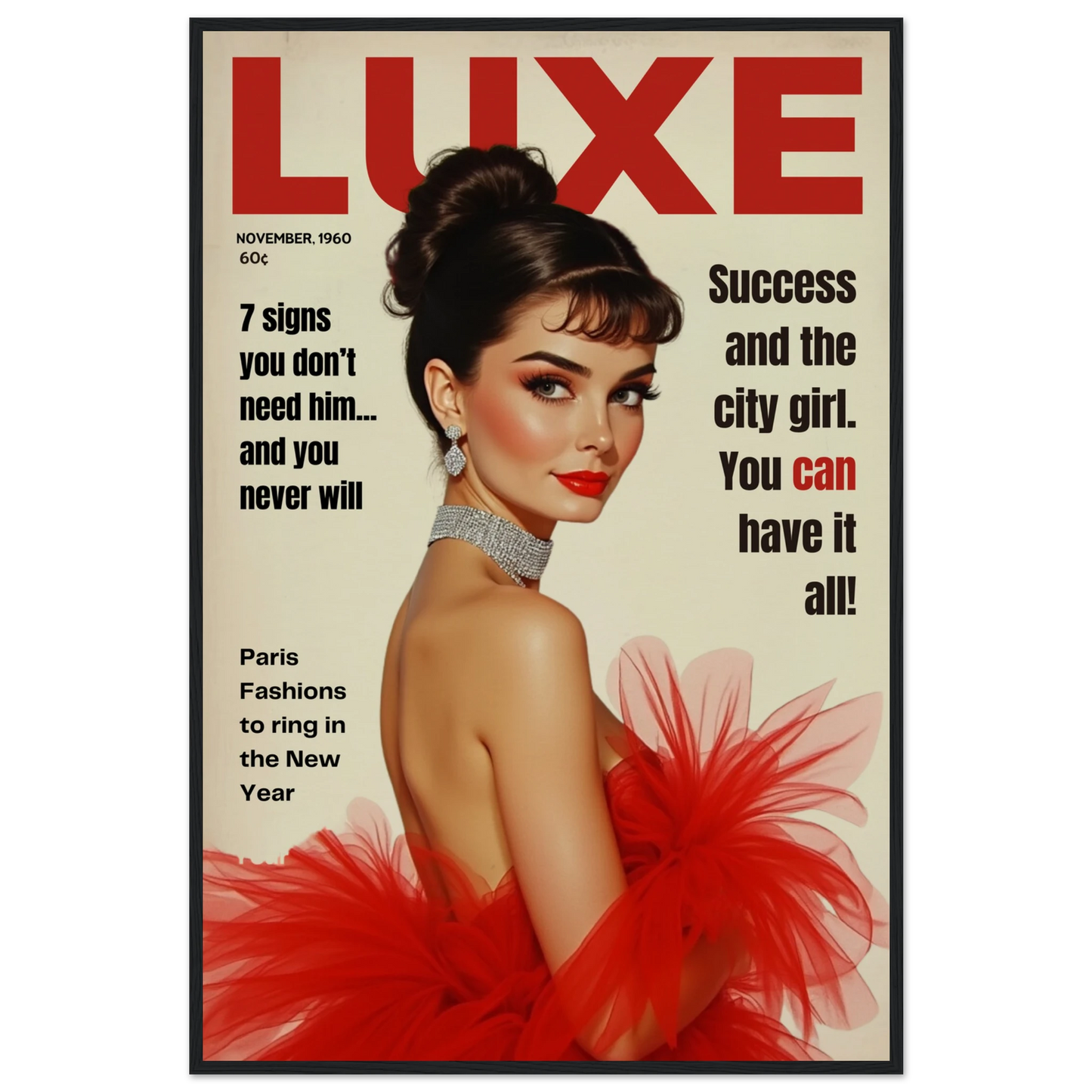 Audrey Hepburn Vintage Fashion Art Print Black Wood Frame 60x90 cm 24x36″ Museum-Quality Matte Paper Wooden Framed Poster