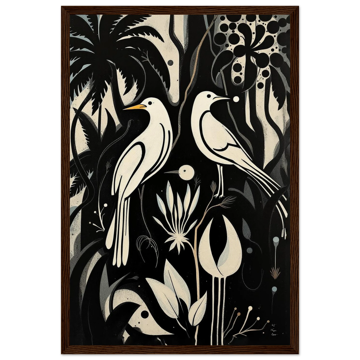 Black & White Minimalist Bird Art Print Dark Brown Wood Frame 30x45 cm 12x18″ Museum-Quality Matte Paper Wooden Framed Poster