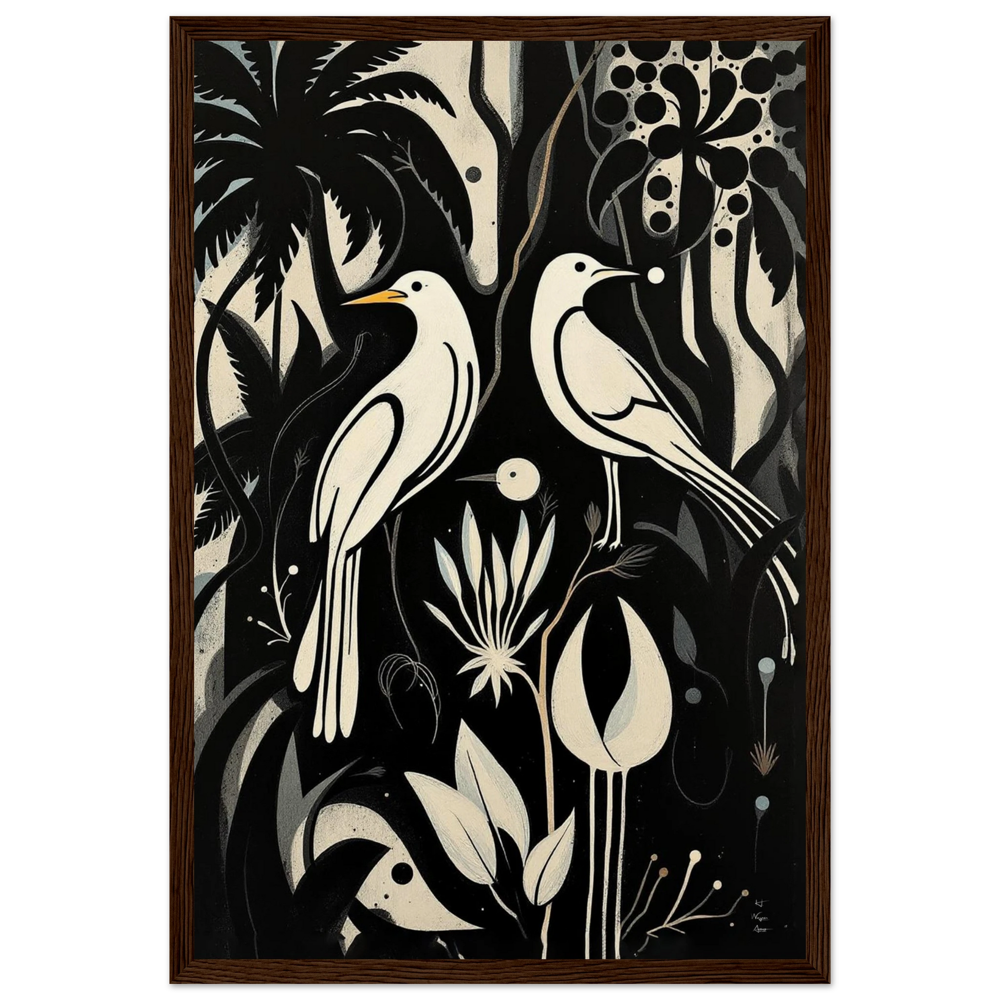 Black & White Minimalist Bird Art Print Dark Brown Wood Frame 30x45 cm 12x18″ Museum-Quality Matte Paper Wooden Framed Poster