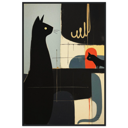 Abstract Cat & Kitten Modern Art Print Black Wood Frame 60x90 cm 24x36″ Premium Matte Framed Poster
