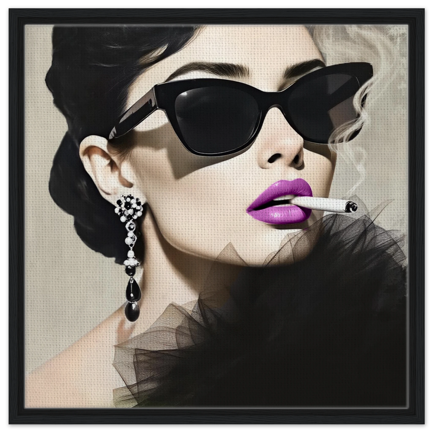 Smoking Girl Retro Fashion Model Art Print 60x60 cm 24x24″ Framed Canvas