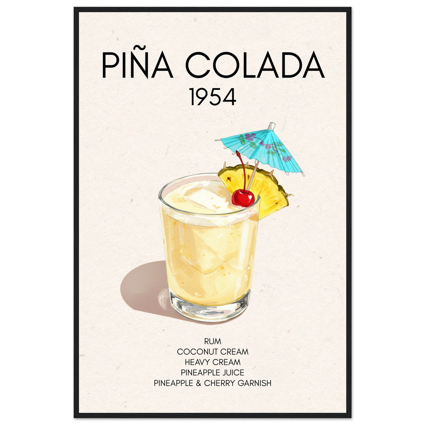 Pina Colada Cocktail Bar Poster Print Black Wood Frame 60x90 cm 24x36″ Classic Matte Paper Wooden Framed Poster