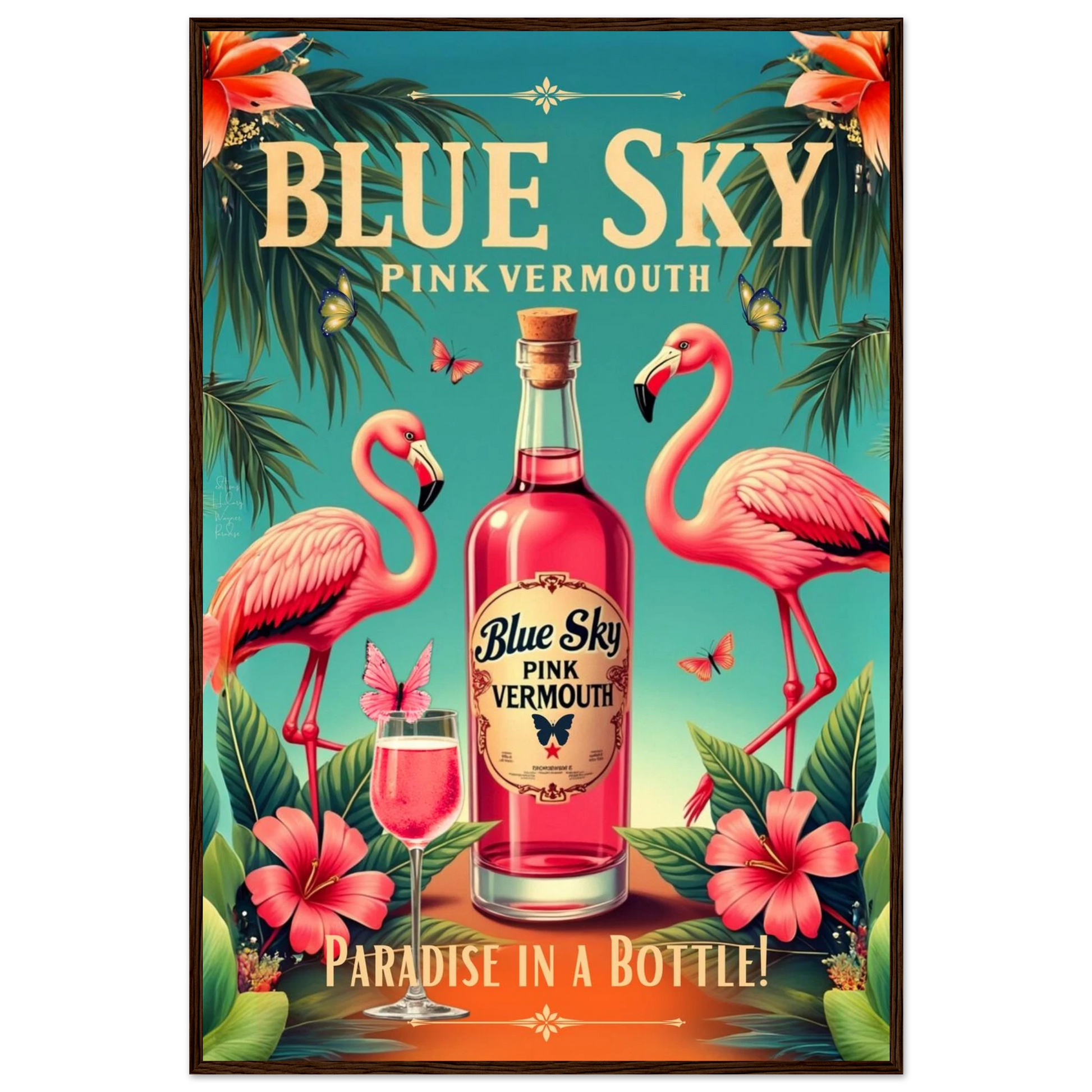 Vintage Pink Flamingo Tiki Bar Art Print 60x90 cm 24x36″ Premium Matte Paper Wooden Framed Poster Dark Brown Wood Frame