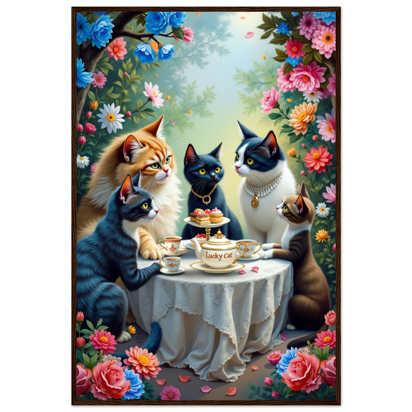 Lucky Cat Tea Party Botanical Art Print 60x90 cm 24x36″ Classic Matte Paper Wooden Framed Poster Dark Brown Wood Frame