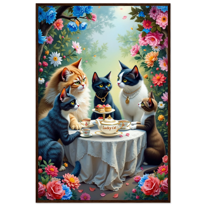 Lucky Cat Tea Party Botanical Art Print 60x90 cm 24x36″ Classic Matte Paper Wooden Framed Poster Dark Brown Wood Frame