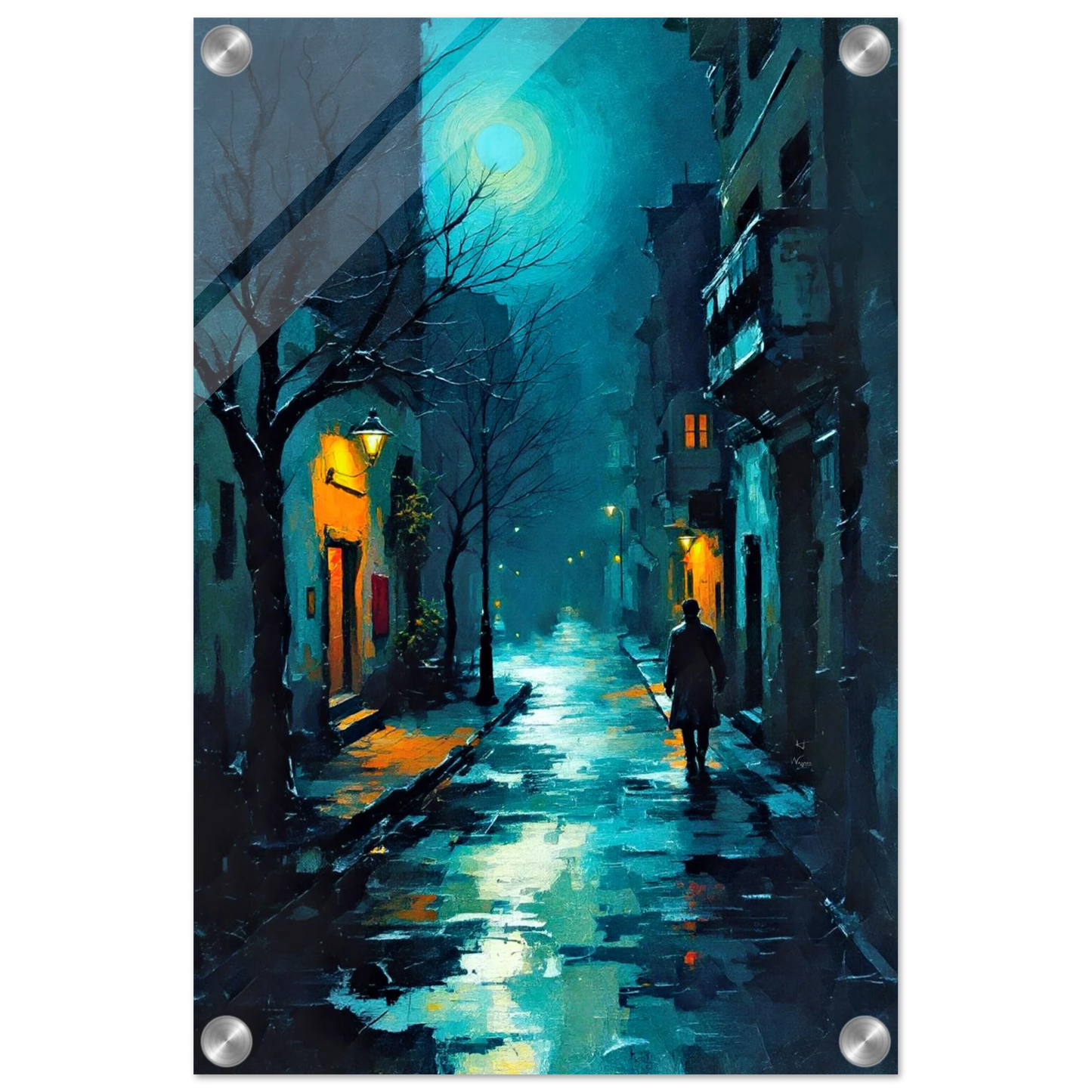 Blue Moon Night Street Scene Art Print 30x45 cm 12x18″ Sleek Acrylic Print No Frame
