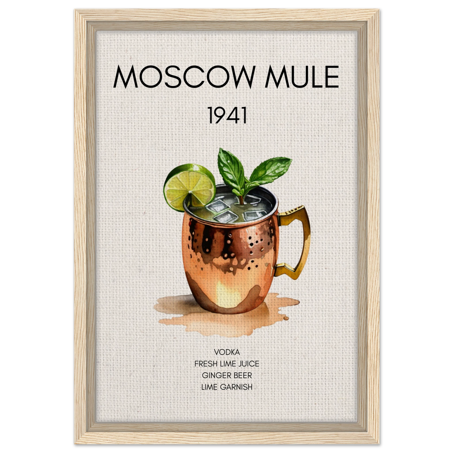 Moscow Mule Cocktail Bar Poster Print Light Wood Frame 30x45 cm 12x18″ Framed Canvas
