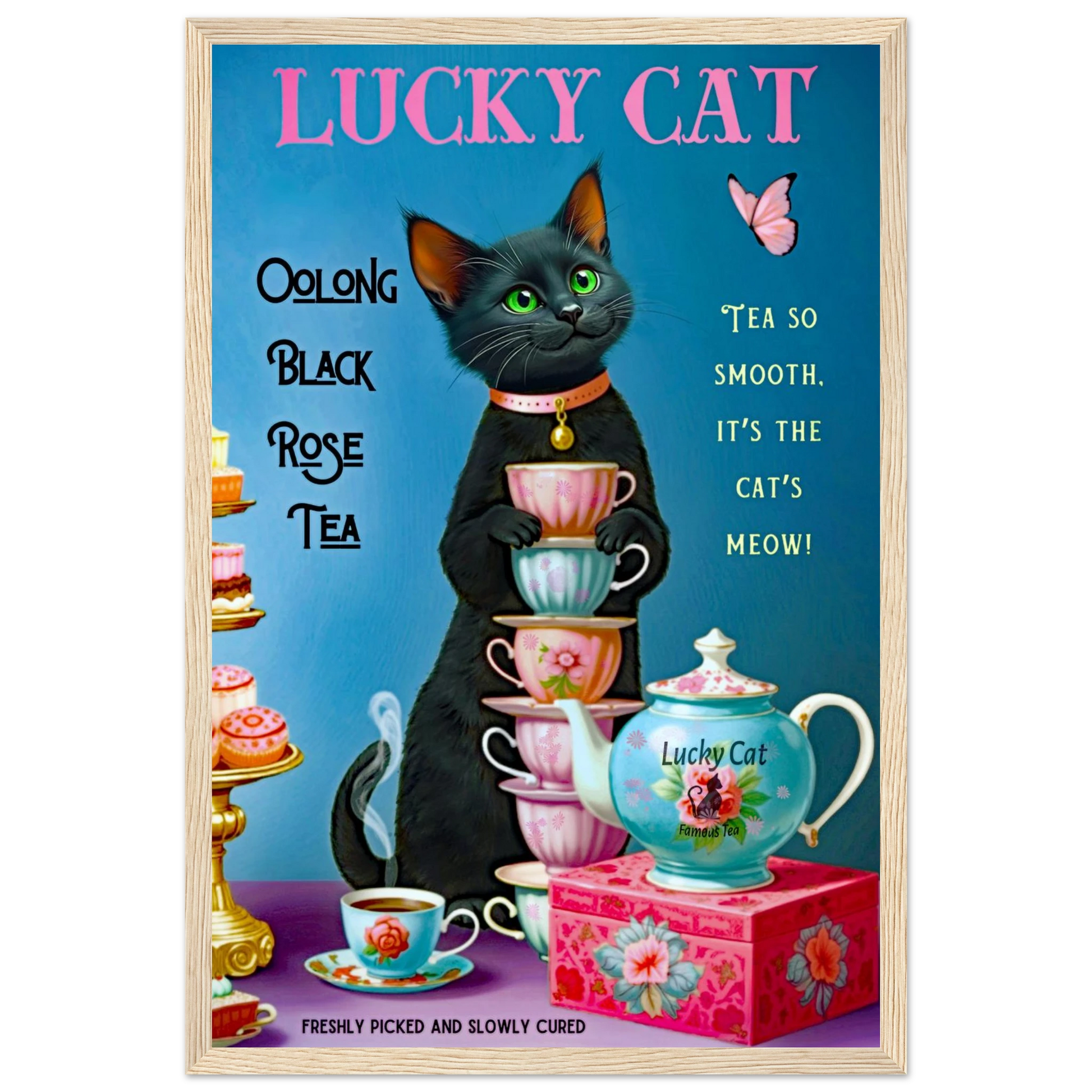 Lucky Cat Vintage Oolong Tea Art Print 30x45 cm 12x18″ Classic Matte Paper Wooden Framed Poster Light Wood Frame