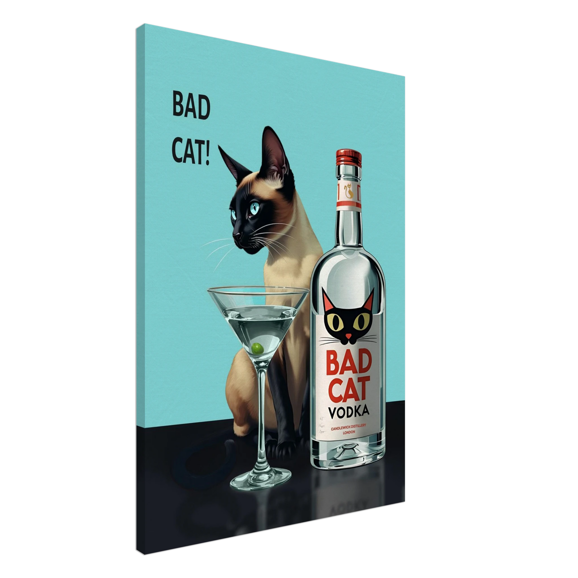 Siamese Cat Retro Martini Cocktail Bar Art Print White Wood Frame 60x90 cm 24x36″ Premium Matte Paper Wooden Framed Poster