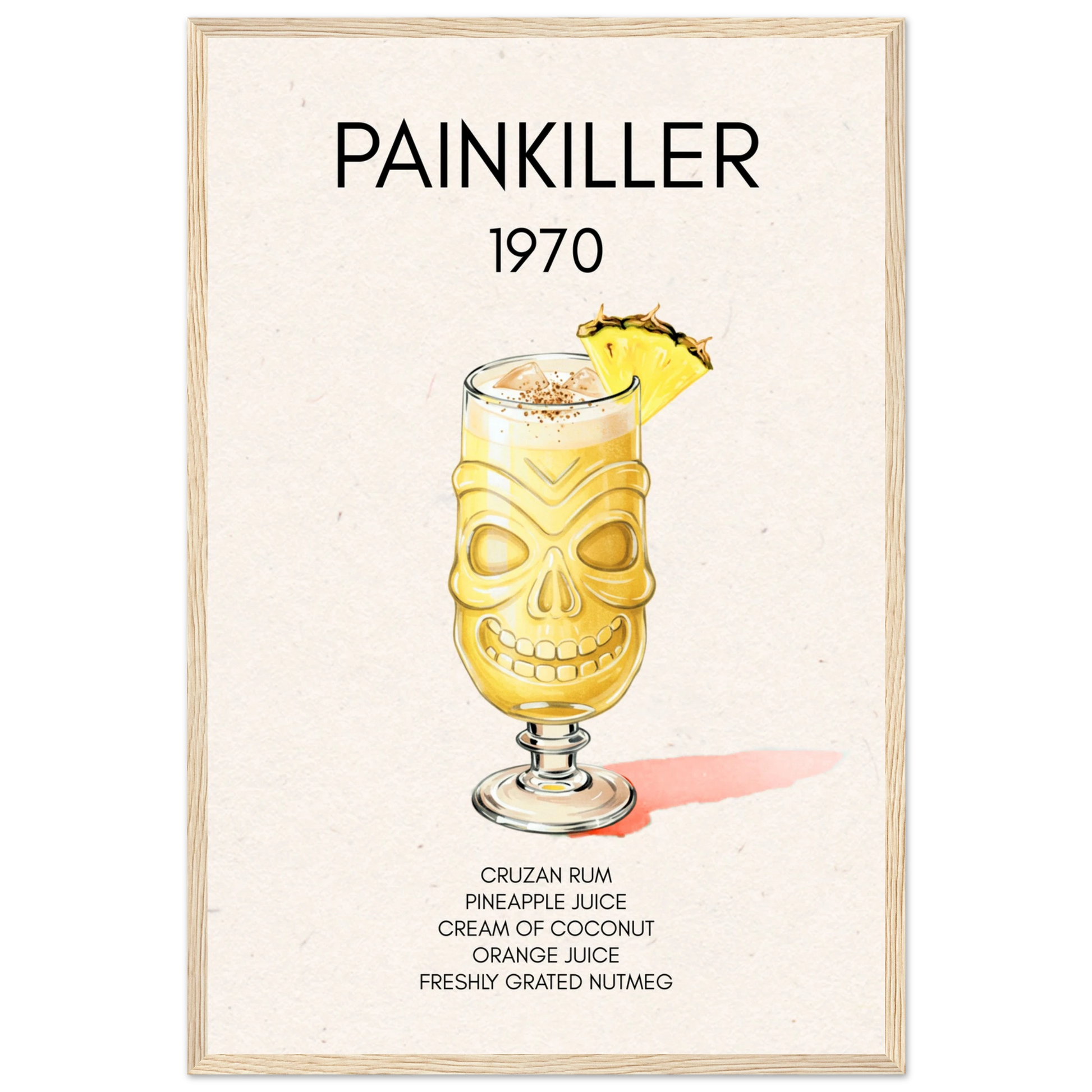 Painkiller Cocktail Bar Art Tiki Print Light Wood Frame 40x60 cm 16x24″ Premium Matte Paper Wooden Framed Poster