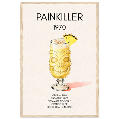 Painkiller Cocktail Bar Art Tiki Print Light Wood Frame 40x60 cm 16x24″ Premium Matte Paper Wooden Framed Poster