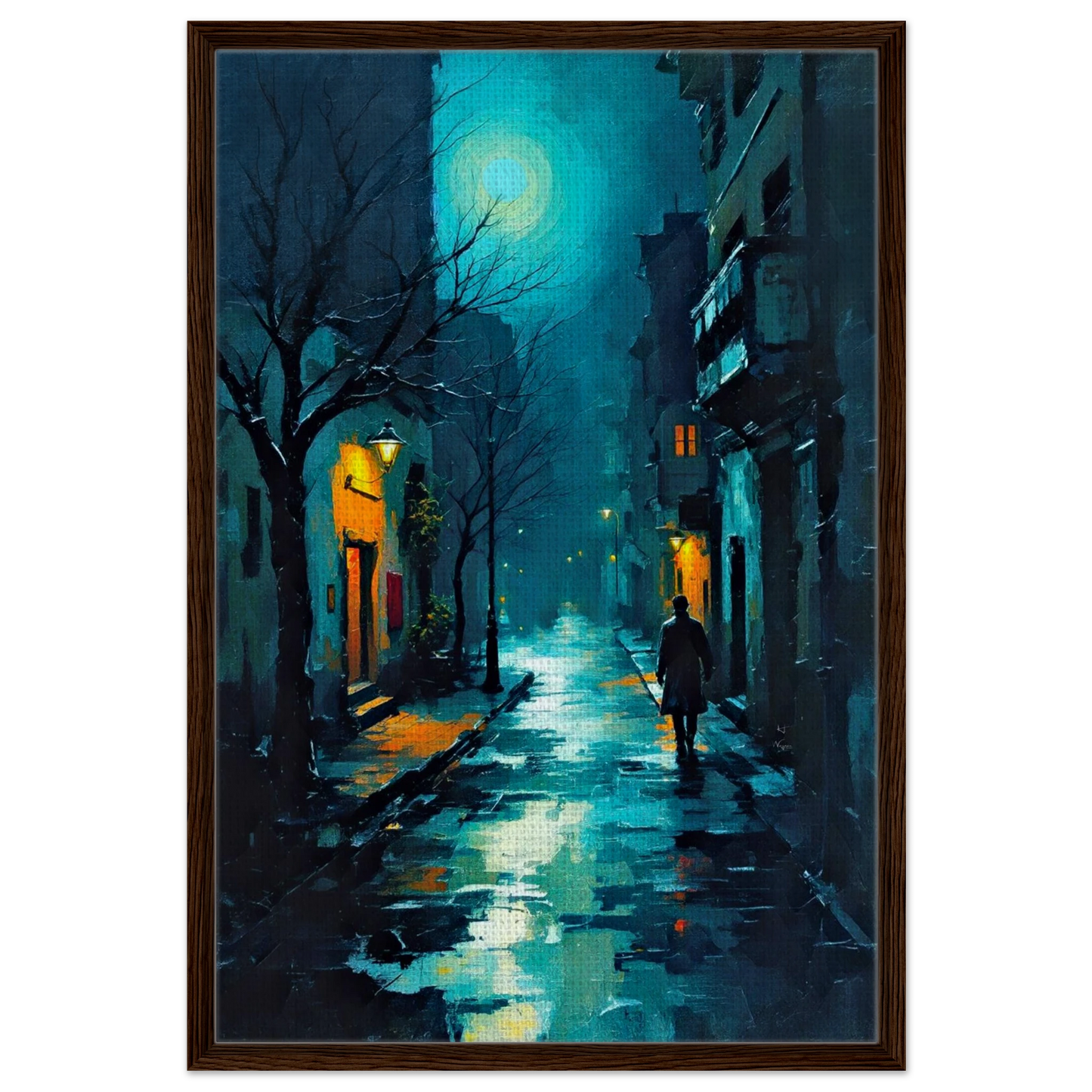 Blue Moon Night Street Scene Art Print 60x90 cm 24x36″ Framed Canvas Dark Brown Wood Frame