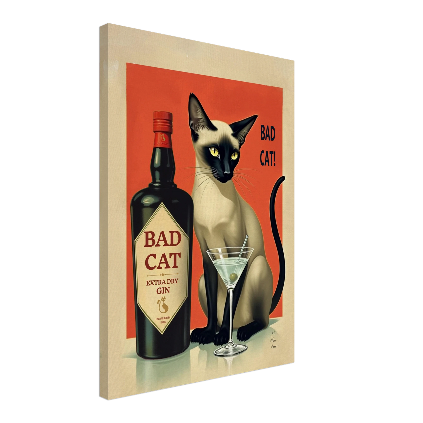 Siamese Cat Gin Martini Cocktail Art Print 50x70 cm 20x28″ Gallery Wrapped Canvas No Frame