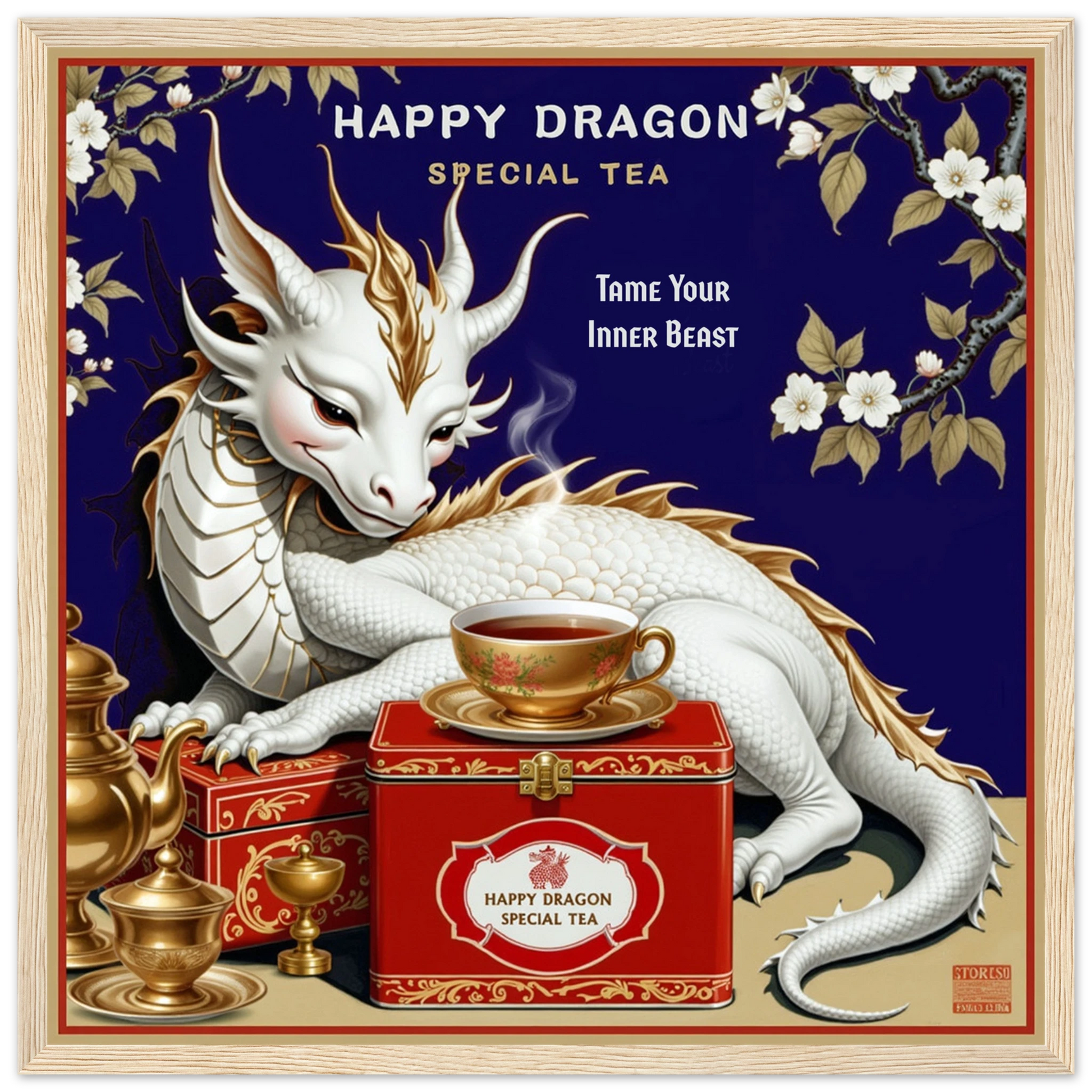 Happy Dragon Tea Art Print 40x40 cm 16x16″ Classic Matte Paper Wooden Framed Poster Light Wood Frame
