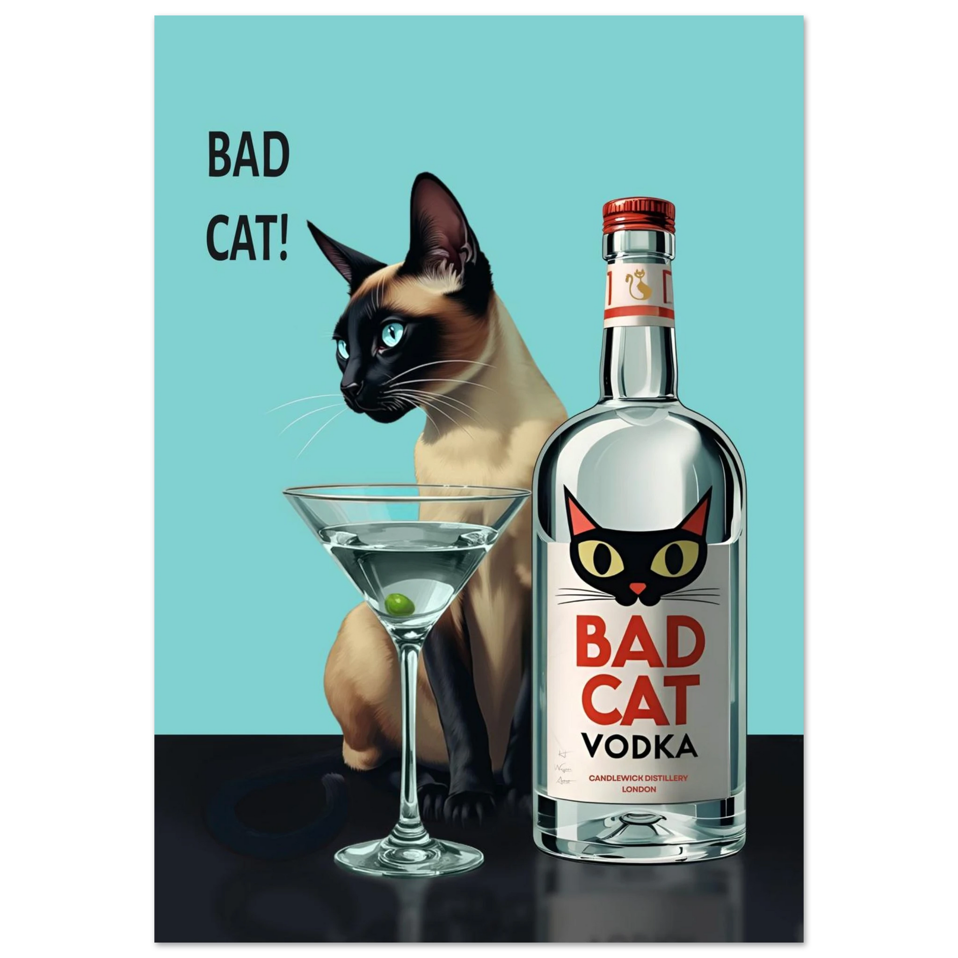 Siamese Cat Retro Martini Cocktail Bar Art Print No Frame 70x100 cm 28x40″ Premium Matte Paper Poster