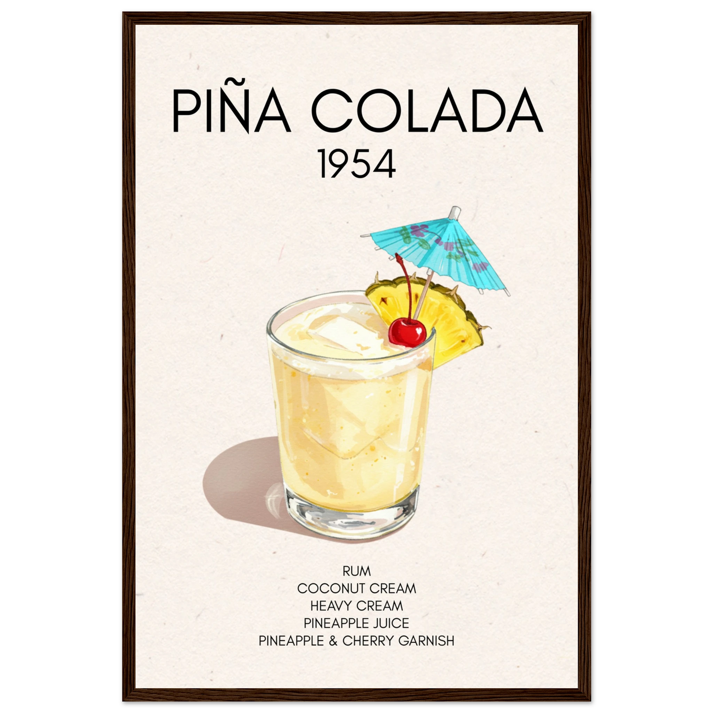 Pina Colada Cocktail Bar Poster Print Dark Brown Wood Frame 40x60 cm 16x24″ Premium Matte Paper Wooden Framed Poster