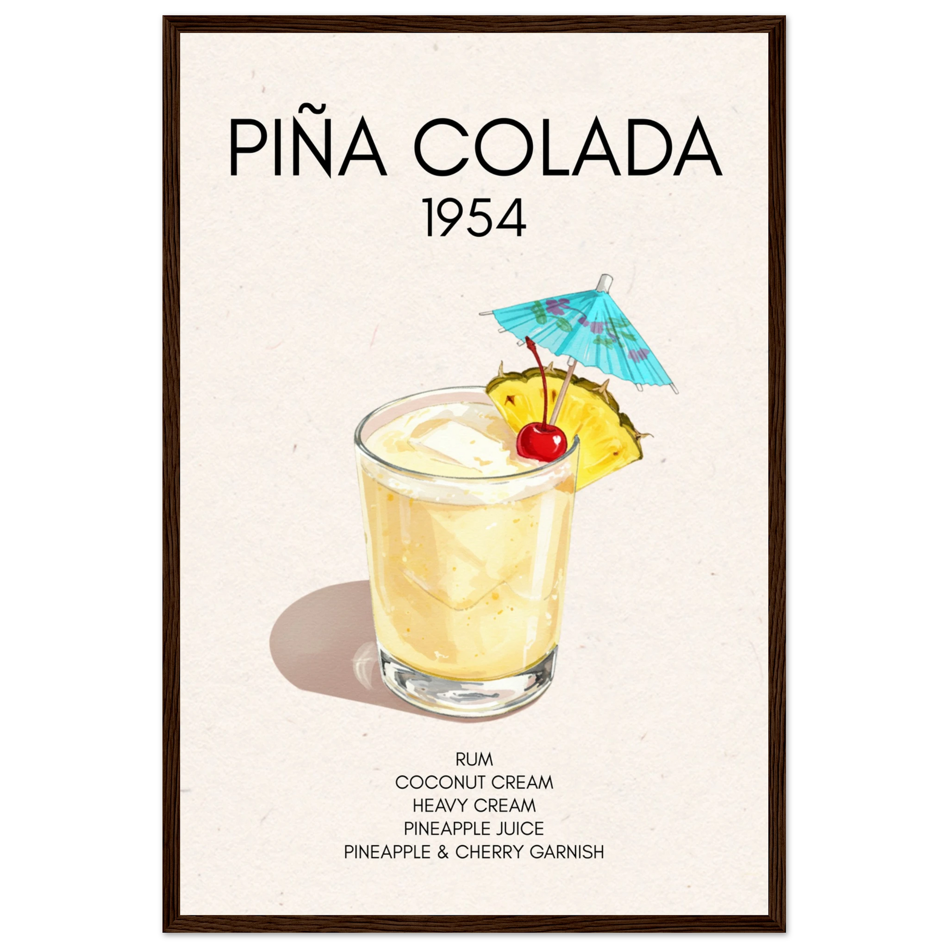 Pina Colada Cocktail Bar Poster Print Dark Brown Wood Frame 40x60 cm 16x24″ Premium Matte Paper Wooden Framed Poster