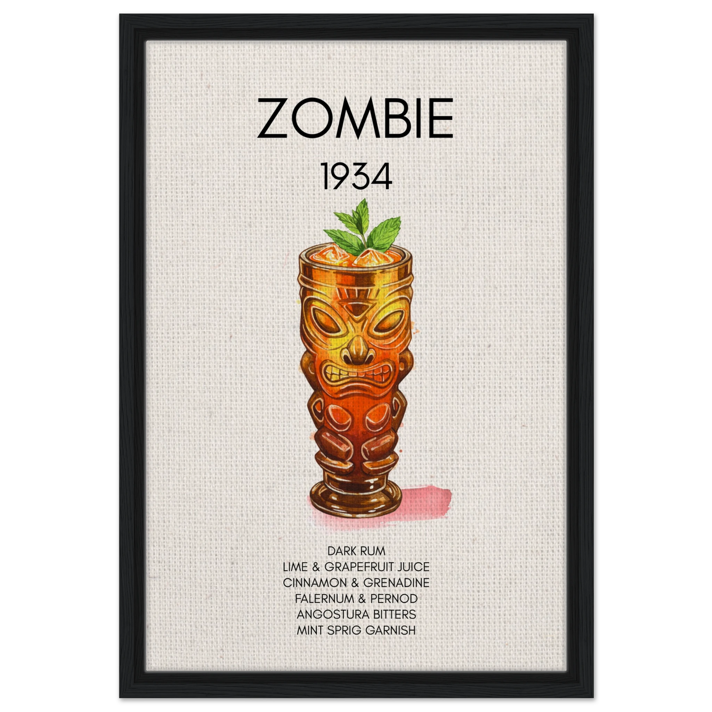 Zombie Tiki Cocktail Bar Poster Print Black Wood Frame 40x60 cm 16x24″ Framed Canvas
