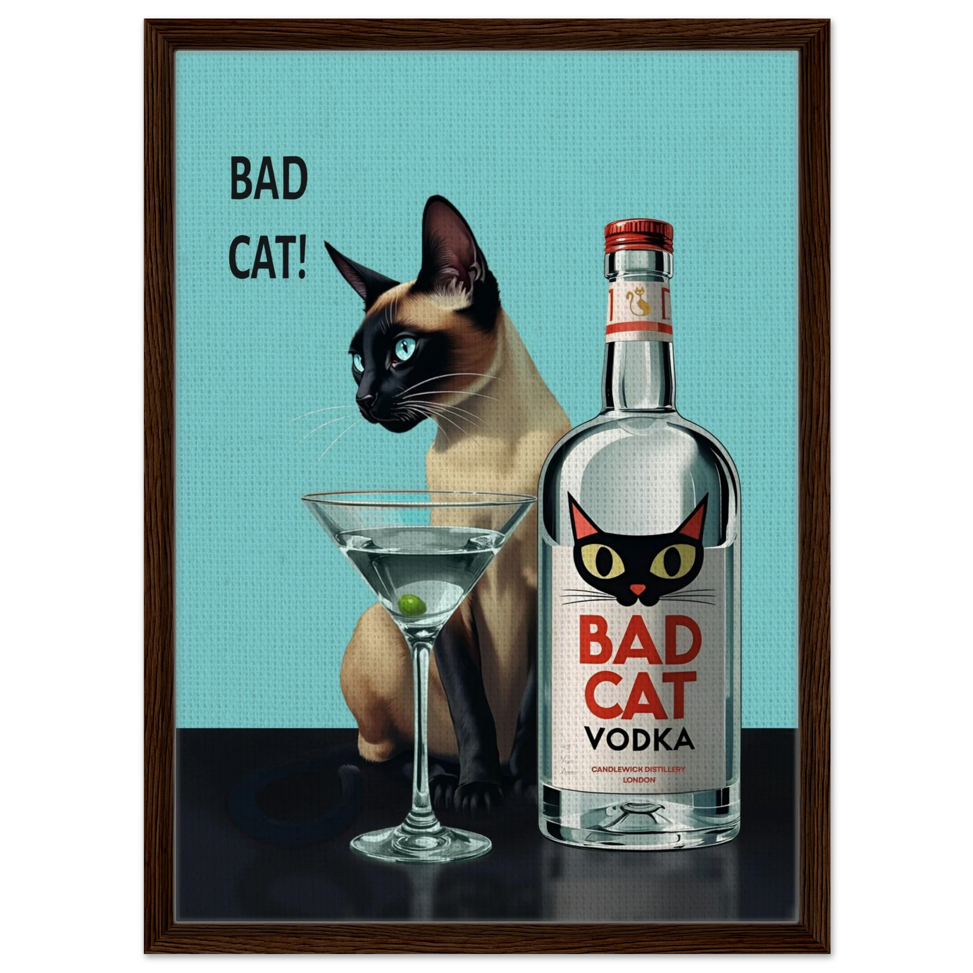 Siamese Cat Retro Martini Cocktail Bar Art Print Dark Brown Wood Frame 50x70 cm 20x28″ Framed Canvas