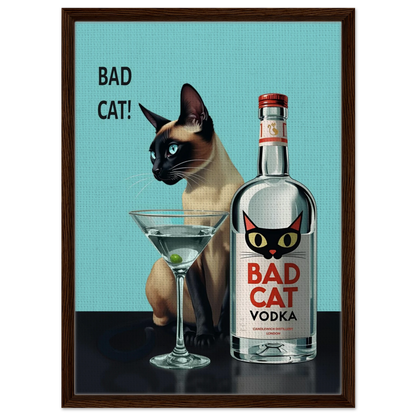 Siamese Cat Retro Martini Cocktail Bar Art Print Dark Brown Wood Frame 50x70 cm 20x28″ Framed Canvas