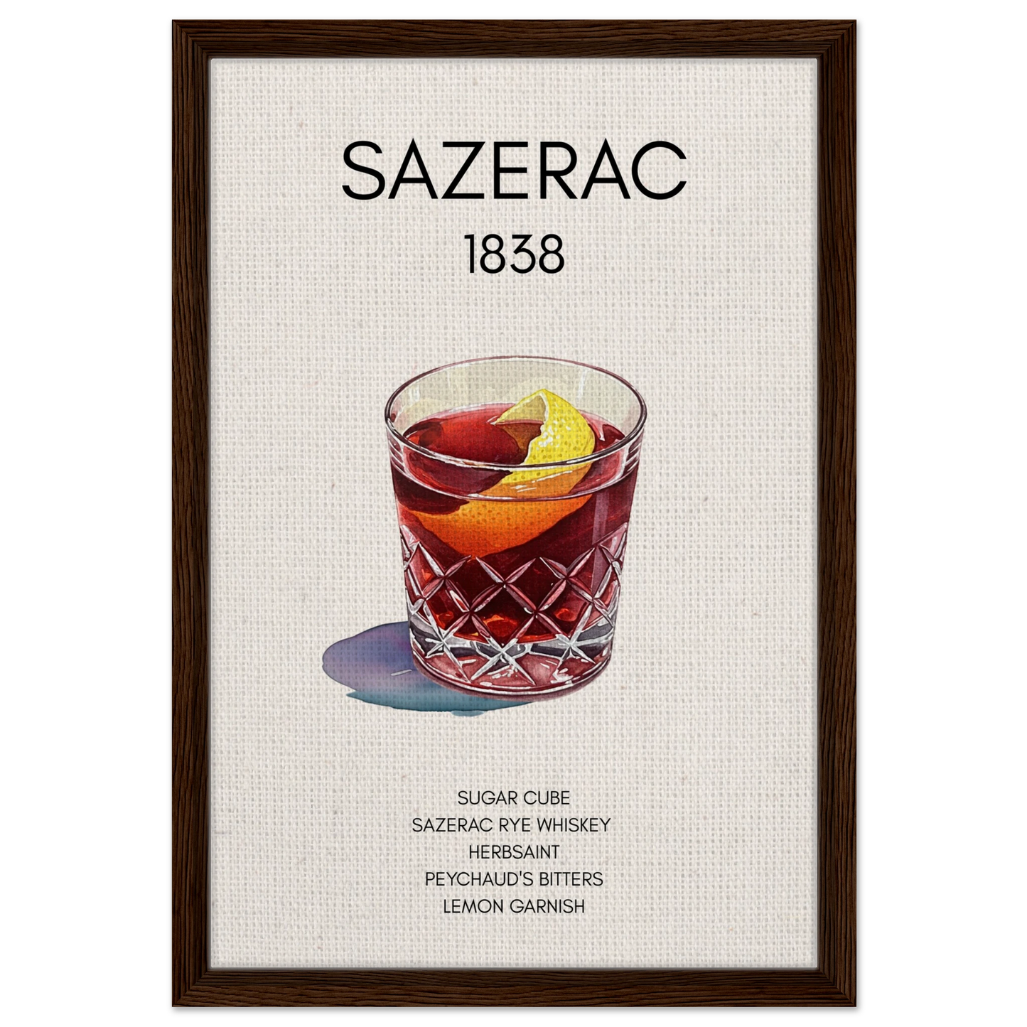 Sazerac Cocktail Bar Poster Print Dark Brown Wood Frame 40x60 cm 16x24″ Framed Canvas