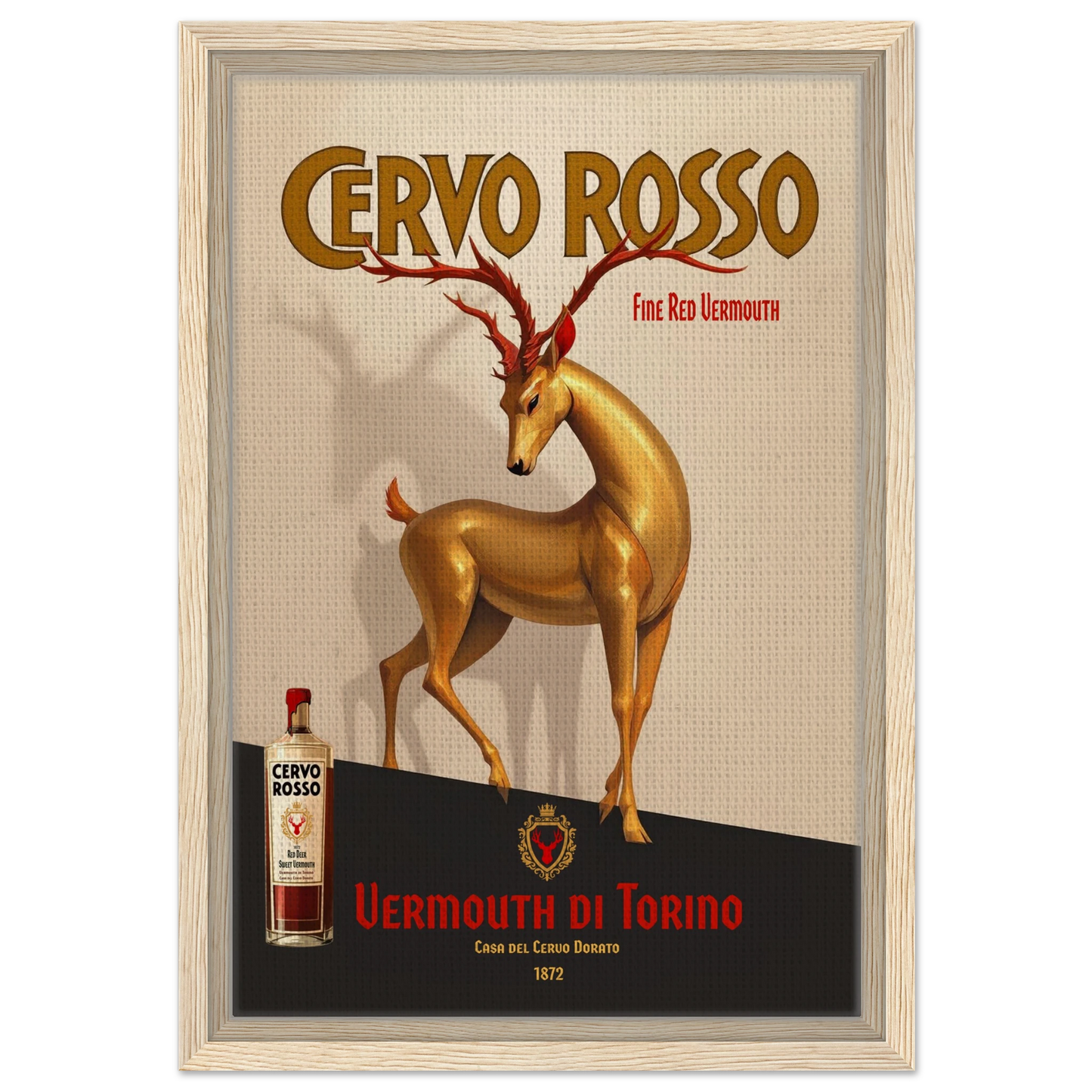 Art Deco Golden Deer Cocktail Bar Poster Print 30x45 cm 12x18″ Framed Canvas Light Wood Frame