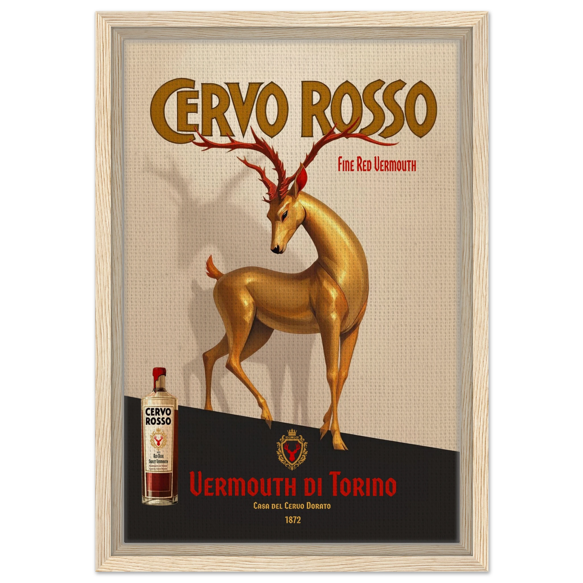 Art Deco Golden Deer Cocktail Bar Poster Print 30x45 cm 12x18″ Framed Canvas Light Wood Frame