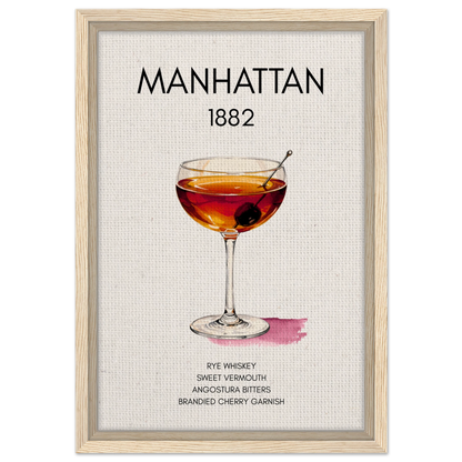 Classic Manhattan Cocktail Bar Art Print Light Wood Frame 30x45 cm 12x18″ Framed Canvas
