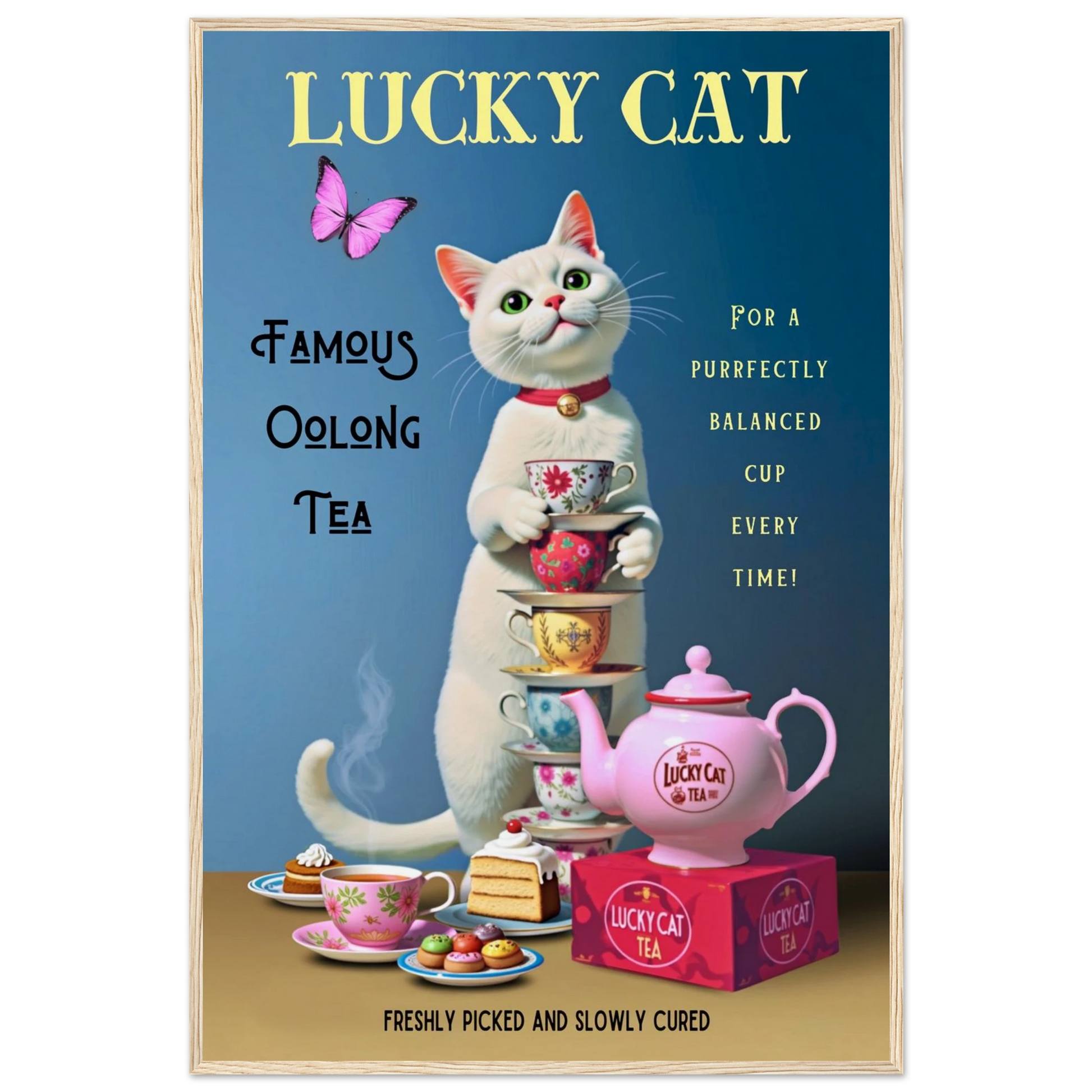 White Lucky Cat Tea Vintage Fine Art Print Light Wood Frame 60x90 cm 24x36″ Museum-Quality Matte Paper Wooden Framed Poster
